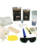 Fiberglass repair kit with chopped strand mat, 6 oz cloth, quart of polyester resin, acetone and supplies.