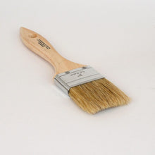 Disposable chip brush with wood handle, pure bristles, a plated steel ferrule and a hanging hole.